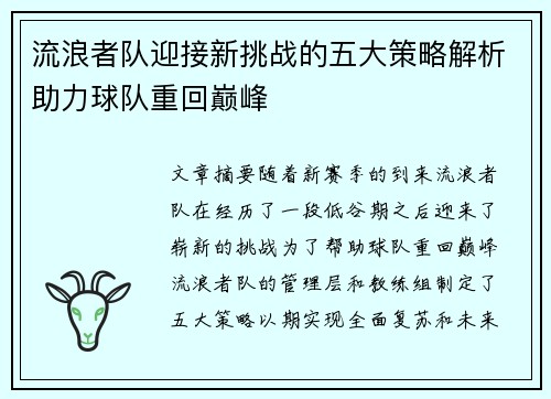 流浪者队迎接新挑战的五大策略解析助力球队重回巅峰