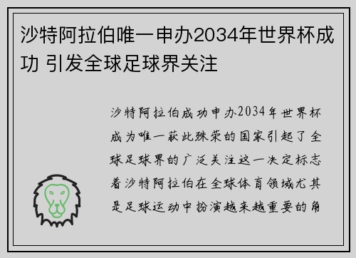 沙特阿拉伯唯一申办2034年世界杯成功 引发全球足球界关注 沙特阿拉伯唯一申办2034年世界杯成功 引发全球足球界关注